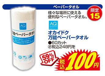 【ペーパータオル】AQ./オカイドク万能ペーパータオル●60カット　通常価格税込248円を59%OFFで税込100円　限定15